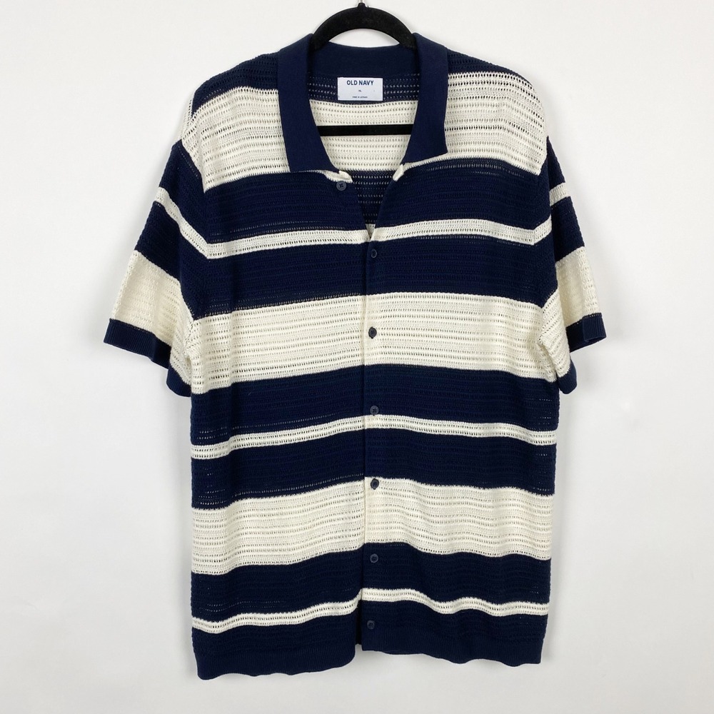 Old Navy Crochet Striped Short Sleeve Button Polo Sweater Mens XL Navy Cream